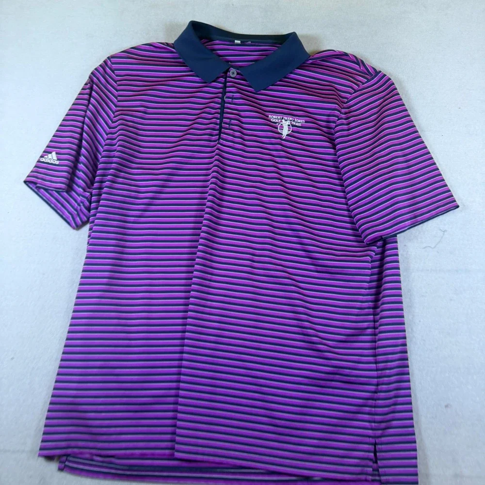 Adidas Mens XL‎ Purple Striped Robert Trent Jones Golf Trail Performance Polo